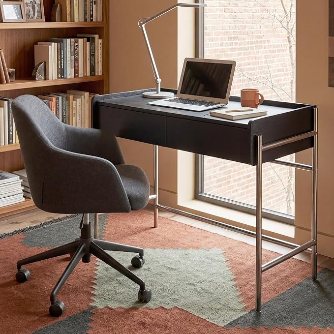 Home Office Computer Desk, Metal Frame Simple Dressing Vanity Table Without Mirror, Modern Minimalist Work Desk with 2 Drawers for Home Office, Bedroom and Living Room