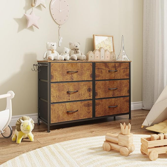 Dresser for Bedroom with 6 Drawers, Small Fabric Dresser for Kids Bedroom, Chest of Drawers, Storage Organizer Dresser for Closet, Nursery, Dorm, Apartment, TV Stand, Wood Top Side Hooks, Rustic Brown