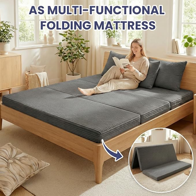 Convertible Sofa Bed Couch, 78’’ Oversized 4-in-1 Boneless Couches with Removable Armrests Backrest, Corduroy Futon Sofa Bed, Foldable Mattress Sleeper Sofa for Living Room Bedroom (Grey)