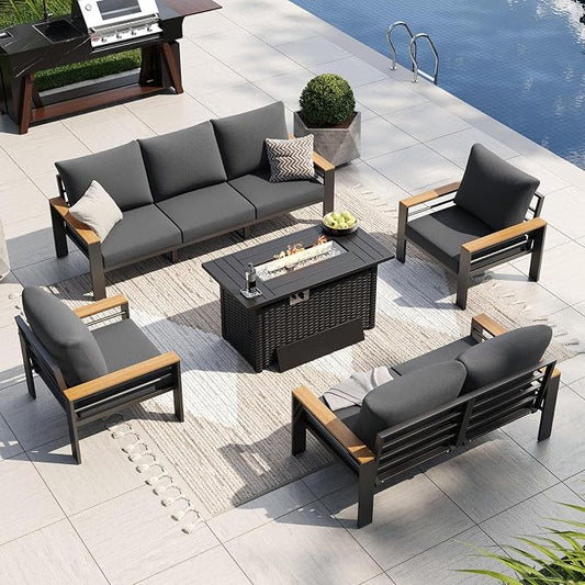 Aoxun Patio Furniture Set, Aluminum Patio Set with Fire Pit Table and 5" Thicken & Washable Cushion, Waterproof Outdoor Furniture, Outdoor Couch Sectional for Backyard (7 Seats/F, Dark Grey)