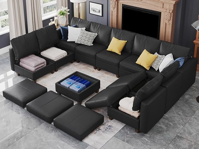 EASE MOOSE Faux Leather Sectional Sofa, Modular Sectional Sofa Couch U Shaped Couch with Storage Ottoman, Black