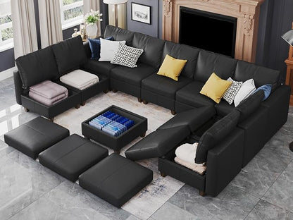 EASE MOOSE Faux Leather Sectional Sofa, Modular Sectional Sofa Couch U Shaped Couch with Storage Ottoman, Black