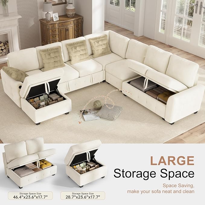 Hanherry 106" Sectional Sofa with Pull Out Couch Bed,7 Seat Corduroy Sleeper Sofa with 2 Seat Storage & USB Charging,Storage Ottoman,Comfy Modular Couches for Living Room,Apartment