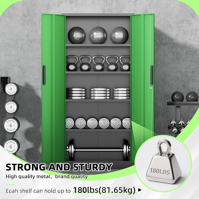 Bonusall 72" Metal Garage Storage Cabinet, 2 Locking Doors & 4 Adjustable Shelves Tall Storage, Heavy Duty Steel Tool Cabinet for Home, Office, Warehouse, School (Black Green)