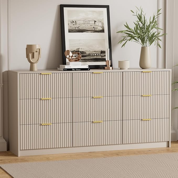 Furniway 3 Piece Bedroom Set, 9 Drawer Dresser and Nightstand Set of 2 with Gold Handles, Modern Wood Chest of Drawers Storage Cabinet for Bedroom, Beige