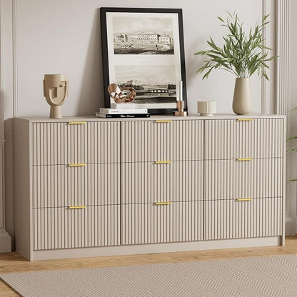 Furniway 3 Piece Bedroom Set, 9 Drawer Dresser and Nightstand Set of 2 with Gold Handles, Modern Wood Chest of Drawers Storage Cabinet for Bedroom, Beige