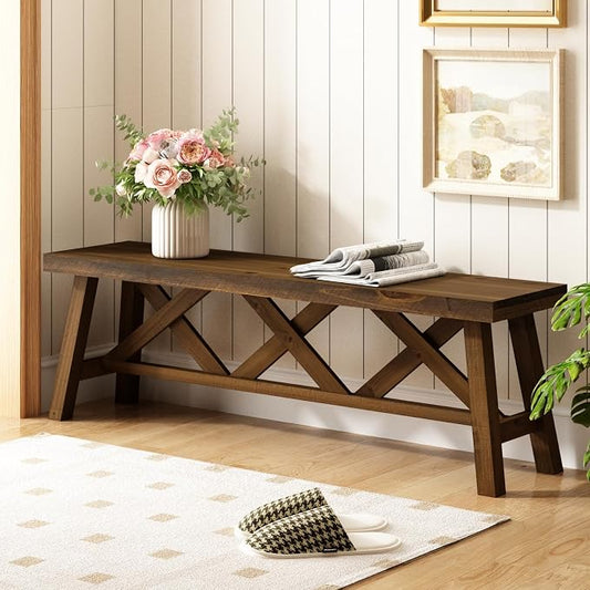 Wnutrees 54" Farmhouse Wood Bench, Rustic Solid Wood Entryway Bench Seat with Double X-Structure for Dining Area Living Room Hallway, Structural Stability, Natural