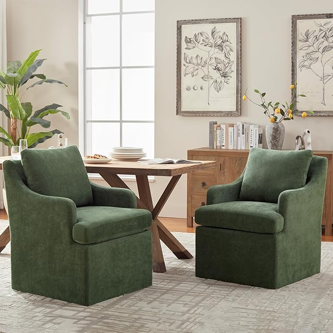 VKNOW Upholstered Dining Chairs, Dinner Chairs Modern Kitchen Chairs with 4 Casters, Chenille Armchair for Bedroom Reading Room Living Room, Green