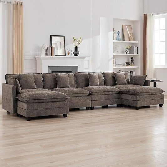 147'' Sectional Cloud Deep Seat Couch, Oversized Chenille U Shaped Sectional Sofa for Living Room Set, Comfy Upholstered Modular Sectional Sofa Couch with 2 Movable Ottoman, Brown