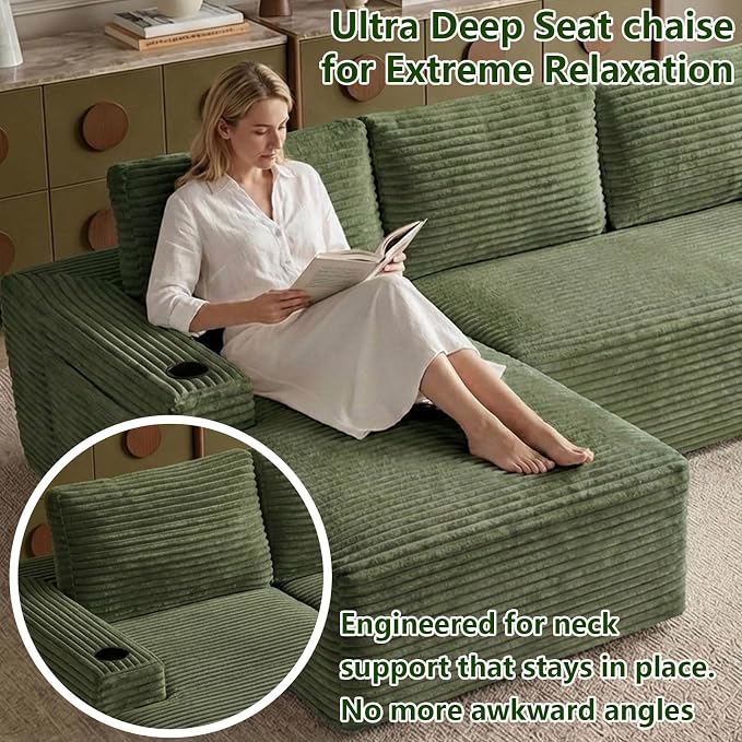 104.3" Modular Sectional Sofa,Modern Corduroy Cloud Couch with Cup Holder & Side Pockets,Boneless Couch Upholstered 3-Seater L-Shaped Sofa for Living Room,No Assembly (Green, Left-Facing Chaise) | with Cup Holder