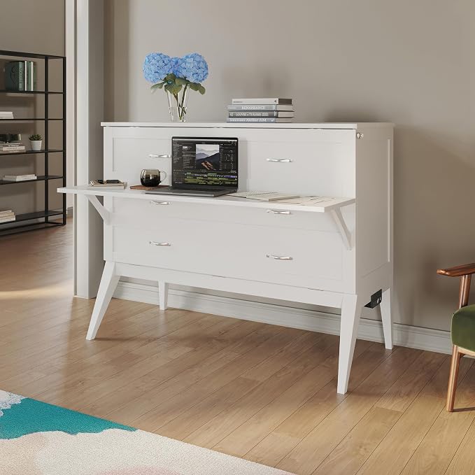AFI, Northampton Full Size Murphy Bed Desk with Memory Foam 6" Mattress and Built-in USB Charger, White
