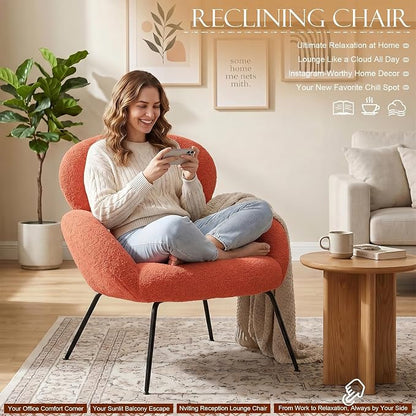 Accent Chair, Cloud Accent Chair for Bedroom, Boucle Fabric(Orange) | Comfy Bedroom Chair with Love Back and Sturdy And Durable Solid-Wood Frame/ Study Room / Bedroom / Living Room /(Cream Style)