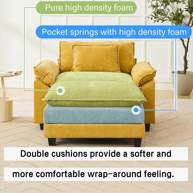 Oprisen 53" Modular Sectional Sofa, Comfy Cloud Couch Sectional Sofa with Ottoman, Chenille Sofa Sleeper Deep Seat Sofa with Throw Pillows for Living Room (Yellow)