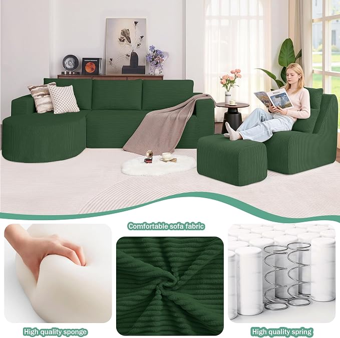 104.92" L-Shaped Corduroy 3 Piece Sofa Set with Single Lounge Chair & Ottoman, Modular Compressed All Foam Couch, Freely Movable Footrest, Minimalist Large Living Room Furniture