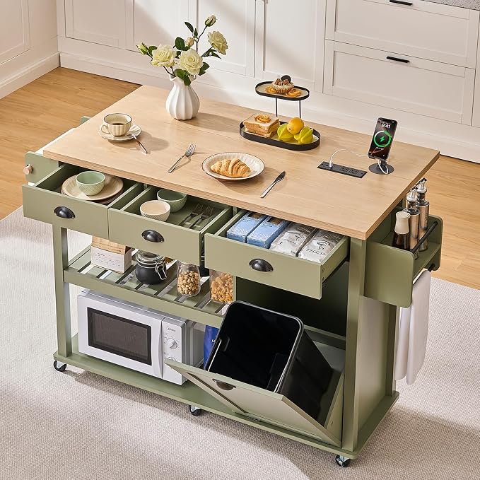 ONBRILL 56" Kitchen Island with Drop Leaf, Rolling Kitchen Cart with Trash Cabinet, Power Outlet, 2-Tier Open Shelves, 3 Drawers, Spice & Paper Towel Racks, 6 Wheels (4 Locking) for Dining Room, Green