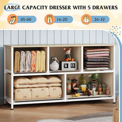 WLIVE Dresser for Bedroom with 5 Drawers, Wide Chest of Drawers, Fabric Dresser, Storage Organizer Unit with Fabric Bins for Closet, Living Room, Hallway, Cream White