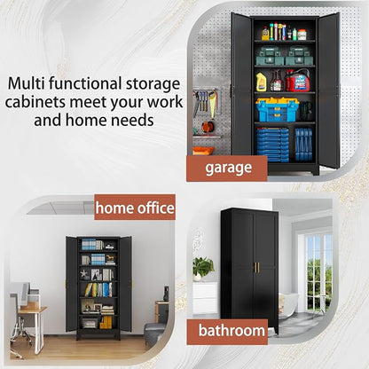 PAOFIN Kitchen Pantry Storage Cabinet with Doors and Adjustable Shelves, Metal ClosetMaid Food Pantry Cabinets, 75" Tall Freestanding Cupboard for Kitchen, Laundry or Utility Room, Black