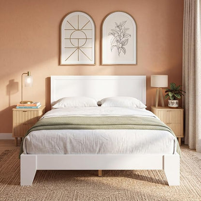 Giantex Queen Size Wooden Bed Frame with Headboard, Wood Slat Support | Modern Platform Bed with Heavy Duty Mattress Foundation, Under-Bed Storage, No Box Spring Needed, Easy Assembly (White)