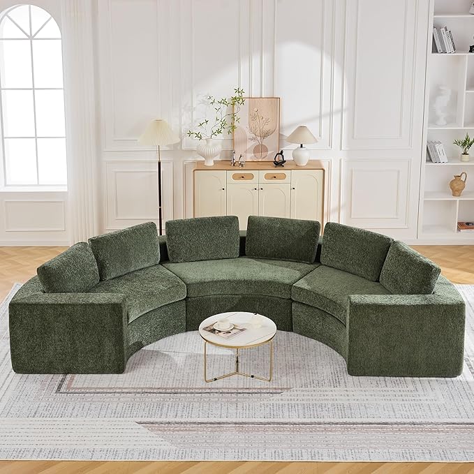 WUTUTUEE 139'' Curved Round Boneless Couch, Oversized Cloud Sofa with Deep Seat & Arms, Chenille Modular Sectional Sofa with Pillows, Upholstered Comfy 6 Seat Couch for Living Room, Green