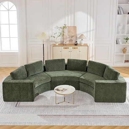 WUTUTUEE 139'' Curved Round Boneless Couch, Oversized Cloud Sofa with Deep Seat & Arms, Chenille Modular Sectional Sofa with Pillows, Upholstered Comfy 6 Seat Couch for Living Room, Green