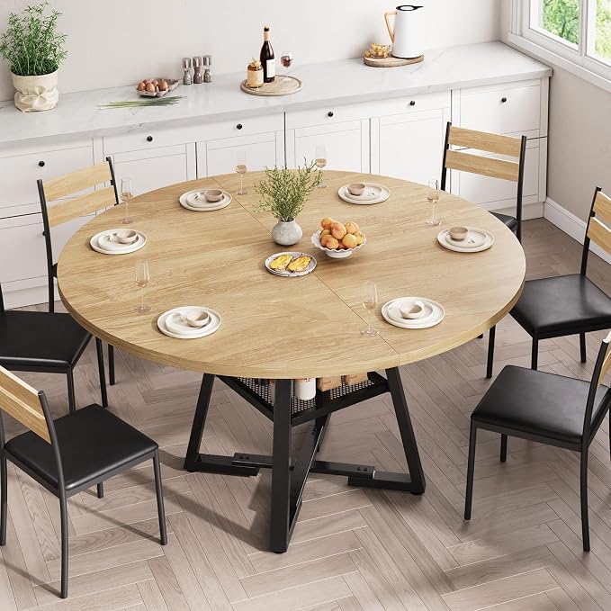 Jocoevol 51'' Round Dining Table for 6,Kitchen Dining Room Circle Dinner Pedestal Table,Space Saving Wood Kitchen & Dining Room Furniture (Natual Wood, 51In)