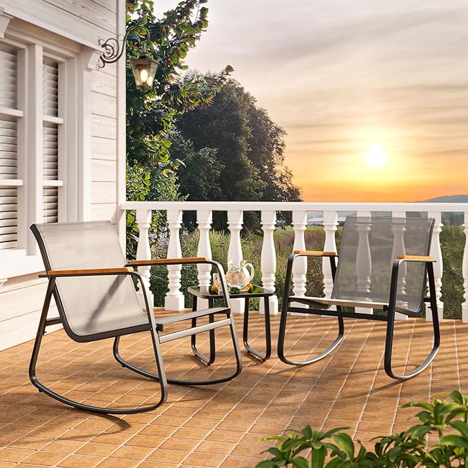 Ahomly 3 Pieces Patio Furniture Set, Outdoor Textilene Furniture Set with Wooden Armrests, Coffee Table with Tempered Glass Tabletop, Patio Chairs for Lawn, Balcony, Grey