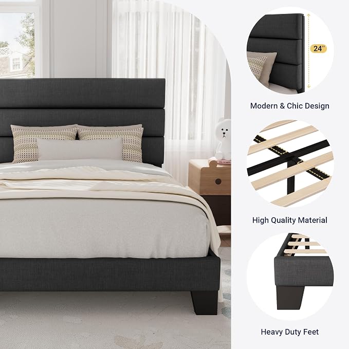Allewie Twin Size Platform Bed Frame with Fabric Upholstered Headboard and Wooden Slats Support, Fully Upholstered Mattress Foundation/No Box Spring Needed/Easy Assembly, Dark Grey
