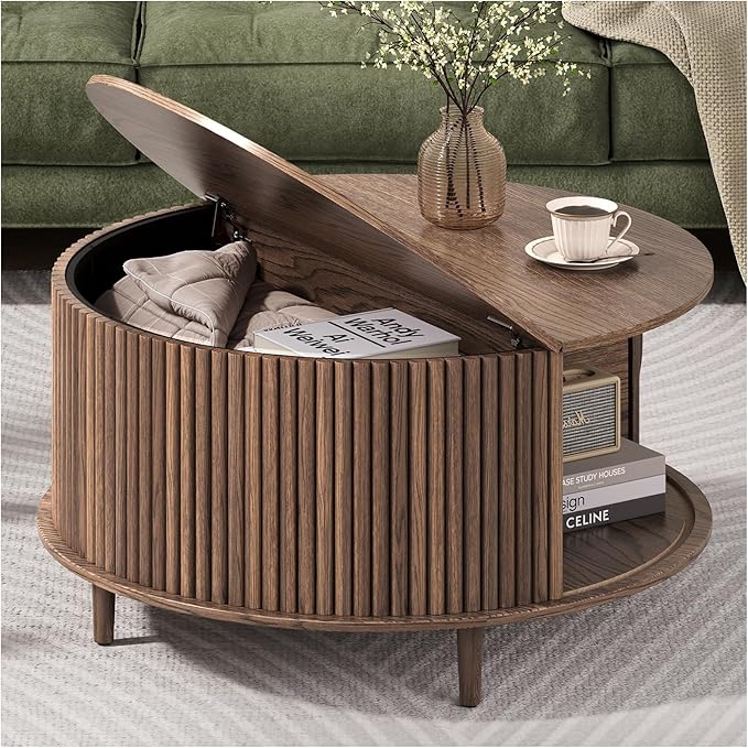 Round Coffee Table with Storage, 31.5" Mid Century Modern Coffee Table with Sliding Door & Solid Wood Legs, Minimalist Fluted Center Table for Living Room, Home Small Space, Walnut