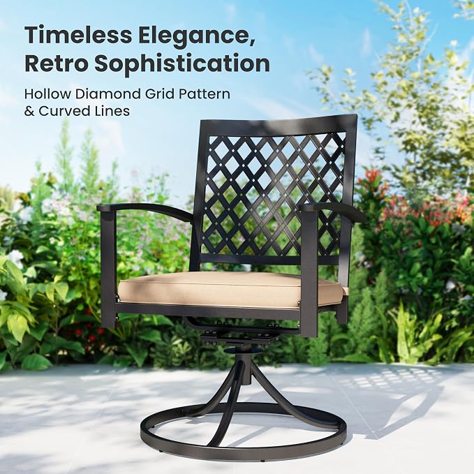 PHI VILLA 5 Pieces Outdoor Dining Set for 4, Round Metal Steel Table with Umbrella Hole & Swivel Wrought Iron Chairs with Cushions, Large Modern Furniture for Patio, Deck, Backyard, Porch
