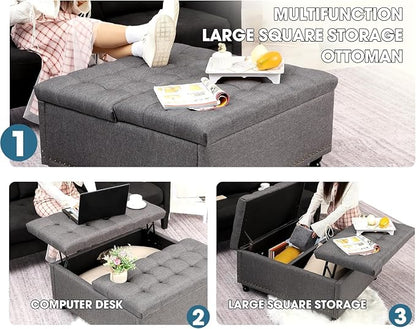 36" Large Square Ottoman with Storage, Tufted Upholstered Storage Ottoman with Lift Top & Solid Legs for Bedroom Room, Extra Large Coffee Tables Bench for Living Room as Footstool (Grey)