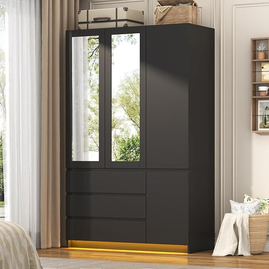 75"H Tall Modern 3 Doors Wooden Armoire Wardrobe Closet with 3 Drawers & 2 Mirror,Clothing Storage Cabinet with Hanging Rod,Bedroom Large Freestanding Armoires with Led Lights for Bedroom,Black