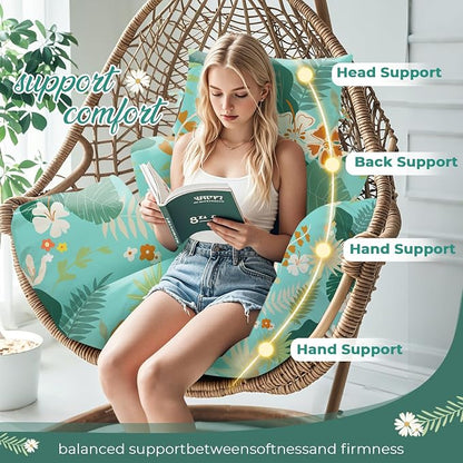 Waterproof Egg Chair Cushion Replacement 47x31.5x4.7 inch Thicken Hanging Egg Swing Chair Cushion Indoor Outdoor Wicker Rattan Hammock Basket Cushion with Headrest Pillow, Teal Floral Leaves