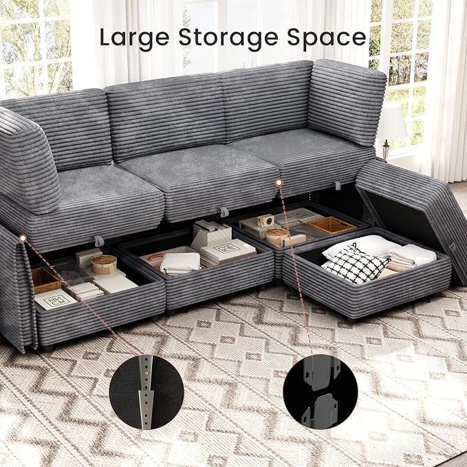 KKL Modular Sectional Sofa L-Shaped 4 Seater Couch with Storage Ottoman, Plush Wide-Wale Corduroy Couch for Living Room, Apartment, Modern Design, Gray