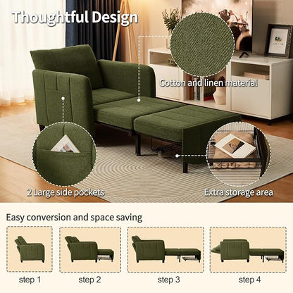 ZZW Sleeper Chair 84" Extra Long Convertible Chair Bed Upgraded 3-in-1 to 4-in-1 Pull Out Chair & Single Sofa Bed for Adult Sleeping Chair for Living Room Small Space (Modern Green)