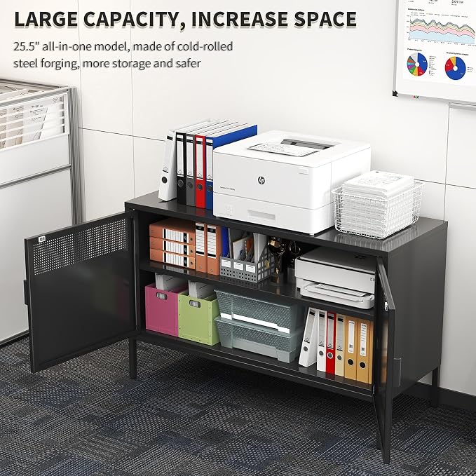 Black Metal Storage Cabinet with 2 Doors - 25''H TV Stand, 2 Tier Locker with Adjustable Shelves, Multipurpose TV Cabinet for Office, Home, Living Room, Kitchen