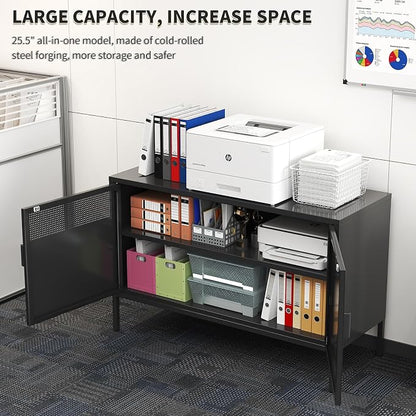 Black Metal Storage Cabinet with 2 Doors - 25''H TV Stand, 2 Tier Locker with Adjustable Shelves, Multipurpose TV Cabinet for Office, Home, Living Room, Kitchen