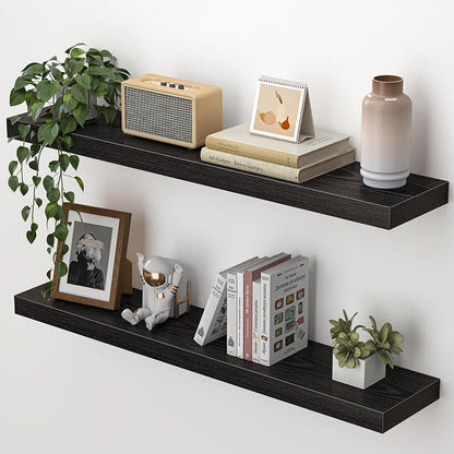 Heimlove Floating Shelves for Wall 32 Inch,Mounted Storage Wood Shelves with Invisible Brackets Hanging Shelf for Bedroom Living Room Kitchen Office,Set of 2,Black