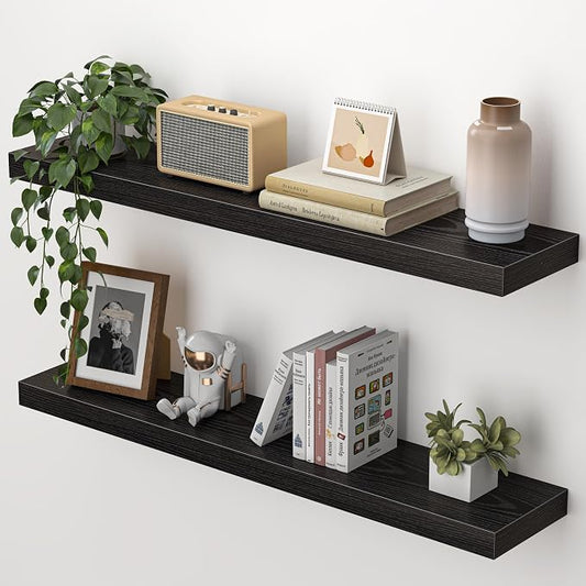 Heimlove Floating Shelves for Wall 32 Inch,Mounted Storage Wood Shelves with Invisible Brackets Hanging Shelf for Bedroom Living Room Kitchen Office,Set of 2,Black