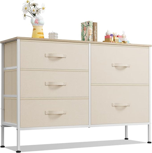 WLIVE Dresser for Bedroom with 5 Drawers, Wide Chest of Drawers for Bedroom, Fabric Dresser for Living Room, Closet, Hallway, Cream White