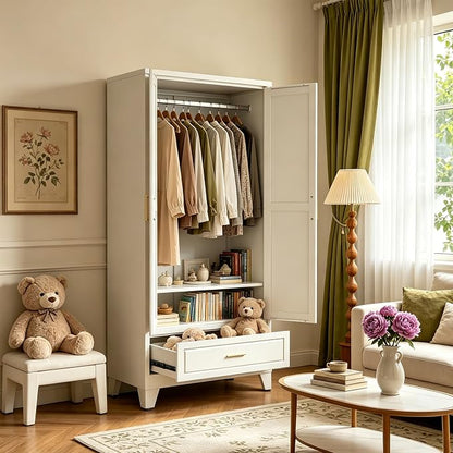 71" H White Closet,Armoire Wardrobe Closet,Metal Wardrobe Closet with Doors and Shelves,Large Wardrobe Closet for Bedroom