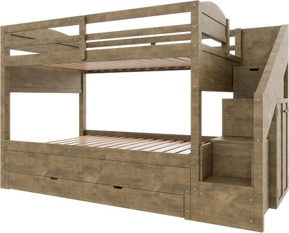 RUNNA Twin XL Bunk Bed with Trundle, Storage Stairs,Kids Bedroom,Walnut | Twin XL bunk bed with trundle, storage stairs, solid wood frame, guardrails, no box spring needed,Walnut, space saving