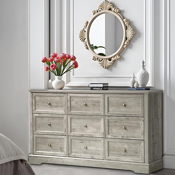 LOUVIXA Farmhouse Bedroom Sets of 4, Including 9 Drawer Dresser, 5 Drawer Dressers and Nightstand Set of 2 with Charging Station (Grey Sets, 4 Pieces)