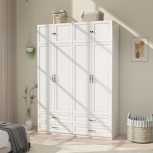 Armoire Wardrobe Closet with Doors: 89" Extra Tall White Wardrobe with Storage on Top, Bedroom Armoires with 4 Doors and 4 Drawers, Large Wood Closet Armoire for Hanging Clothes