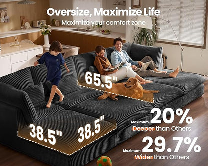 115" Oversized Corduroy Couch Modular Sectional Sofa, Washable Cloud Couch Sectional with 2 Ottoman, 5 Seater Sectional Couches for Living Room, Fully Cover Removable, U Shaped, Corduroy, Black