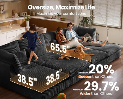 154" Oversized Corduroy Couch Modular Sectional Sofa, Washable Cloud Couch Sectional, 4 Seater Sectional Couches for Living Room, Fully Cover Removable, Basic 4 Seater, Corduroy, Black