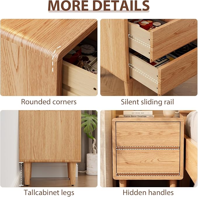 Tall Nightstand Natural Night Stand with 3 Drawers Mid Century Modern Nightstand with Storage,Solid Wood Night Stand,Small Bedside Table for Bedroom,Living Room,Office,Natural Bedside Table