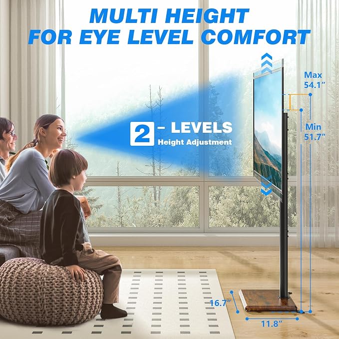 Rfiver Swivel Floor TV Stand with Mount for 32-65 inch TVs up to 88 lbs, Height Adjustable Tall TV Stand with Wood Base, Saving Space Design for Bedroom, Living Room and Corner,Rustic Brown