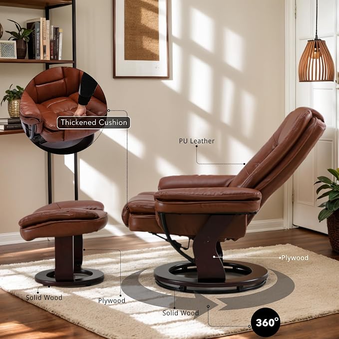 Swivel Recliner Chair with Ottoman Reclining Lounge Sofa Footrest, Set of 1 | 360°Sturdy Wood Base, Soft PU Leather, Upholstered Ultra-Plush Foam, Modern Armchair, Living Room Bedroom Office Reading Home