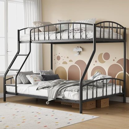 GarveeHome Metal Bunk Bed Twin Over Full, Heavy Duty Bunkbeds Frame with Arched Guardrail and Safety Ladder, Sturdy Steel Bed for Kids Boys Girls, Space-Saving, No Box Spring Needed, Black