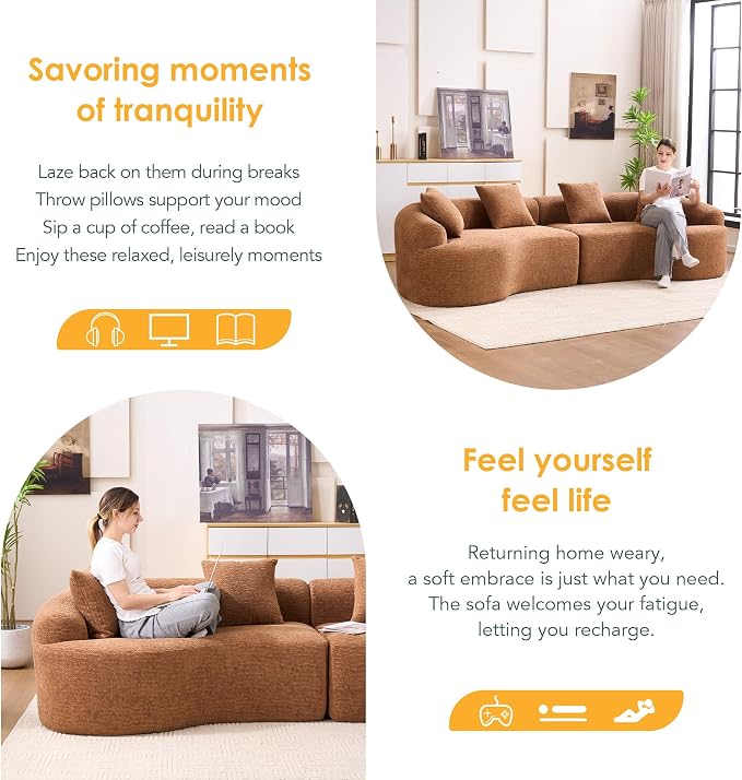 110.2" Curved Sectional Sofa,Luxury Wood Grain Chenille Fabric, Oversized Sectional Sofa,Compression Curved Couch for Living Room,No Assembly Needed (Caramel, 110.2 Inch)